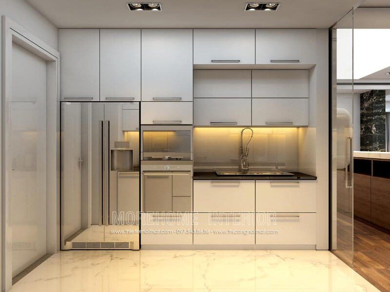 Tủ bếp chữ i được làm từ gỗ Acrylic màu trắng với lối thiết kế kịch trần tạo nên không gian bếp thoáng rộng hơn Tủ bếp hiện đại,tủ bếp đẹp hiện đại, tủ bếp An Cường