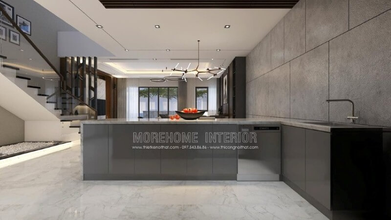 Xu hướng bố trí nội thất bàn đảo bếp tách riêng với phòng bếp tuy mới lạ nhưng khá tiện nghi khoa học sẽ phù hợp với không ít không gian hiện đại như nhà phố biệt thự. Thiết kế nội thất biệt thự
