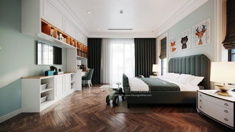 Bàn học liền kệ tivi, kệ trang trí đẹp cho phòng con. Thiết kế phòng ngủ biệt thự