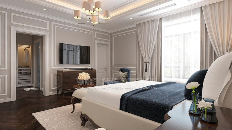 Sắp xếp nội thất phòng ngủ tân cổ điển có tủ quần áo đối diện giường ngủ khoa học, phong thủy. Thiết kế phòng ngủ biệt thự