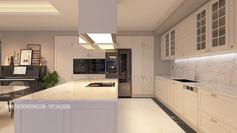 Hệ thống tủ bếp được thiết kế bằng chất liệu gỗ acrylic, loại gỗ được sử dụng thông dụng hiện nay. tủ bếp chung cư