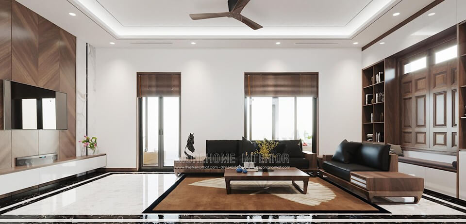 Hình ảnh phòng khách hiện đại được thiết kế từ vật liệu gỗ óc chó cao cấp nhập khẩu tại Mỹ Thiết kế phòng khách biệt thự