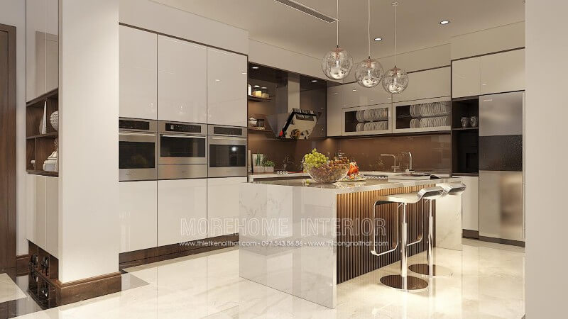 Thiết kế tủ bếp đẹp, ở chính giữa không gian là chiếc bàn đảo tích hợp nhiều công năng như quầy bar, bàn ăn phụ tạo sự tiện nghi trong hoạt động nấu nướng, dùng bữa Tủ bếp đẹp, tủ bếp đẹp hiện đại, tủ bếp An Cường, tủ bếp cao cấp