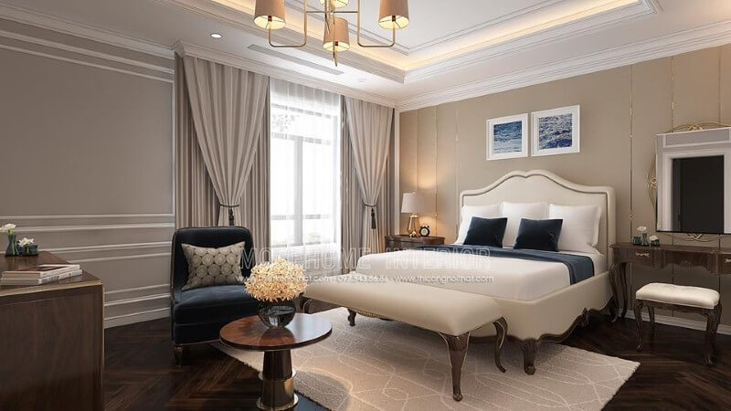 Trang trí nội thất phòng ngủ tân cổ điển đẹp, sang trọng nổi bật với sắc trắng điểm nhấn từ bộ đôn, giường bọc nệm gỗ óc chó tự nhiên. Thiết kế chung cư