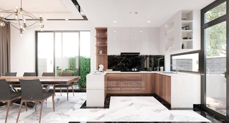 Trang trí nội thất phòng bếp biệt thự trẻ trung