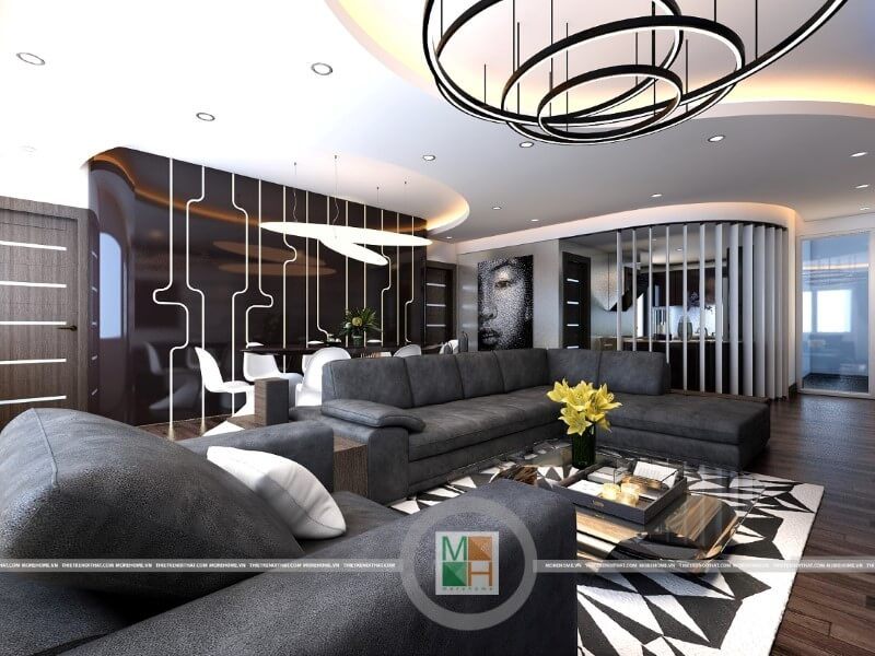 Thiết kế nội thất chung cư hiện đại với bộ sofa da màu đen sang trọng tạo điểm nhấn nổi bật cho phòng khách.