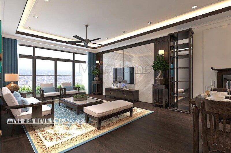 Thiết kế nội thất phòng khách tối giản điểm nhấn là bộ sofa gỗ kết hợp nỉ được thiết kế đơn điệu nhưng không kém phần nổi bật nhờ vào sự kết hợp màu nâu đậm của gỗ.