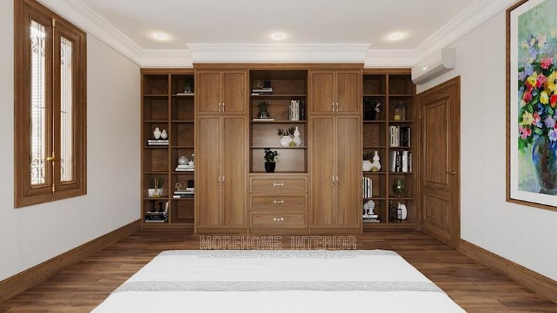 Mẫu tủ quần áo kết hợp kệ gỗ trang trí đẹp cho không gian nội thất phòng ngủ