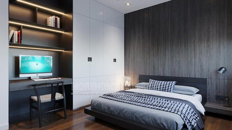 Góc học tập trang trí liền kề phòng ngủ giúp không gian con trở nên rộng rãi, thông thoáng.