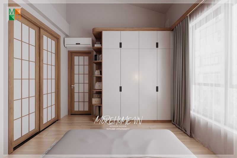 Tủ quần áo 4 cánh gỗ tự nhiên màu trắng sắp xếp đồ đạc quần áo gọn gàng ngăn nắp.