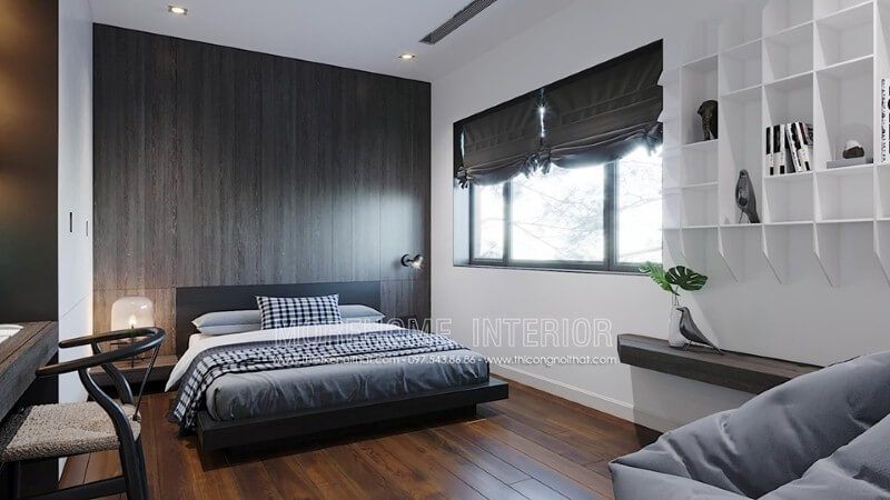 Gỗ ốp tường tối màu cùng đường vân độc đáo tạo vẻ đẹp sang trọng cuốn hút trong phòng ngủ con hiện đại.
