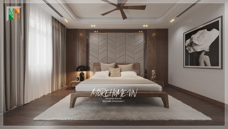 Giường ngủ được đặt ở vị trí chính giữa tạo nên điểm nhấn ấn tượng cho không gian sống của căn phòng thêm ấn tượng.