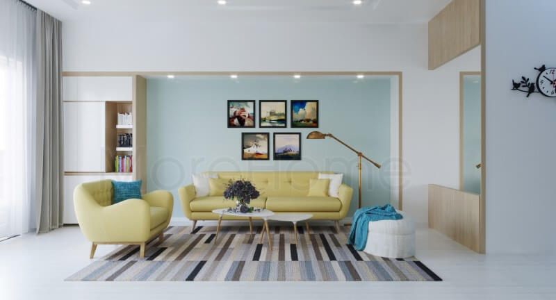 Mẫu sofa gỗ bọc vải với tông màu vàng sáng được thiết kế làm điểm nhấn cho căn phòng