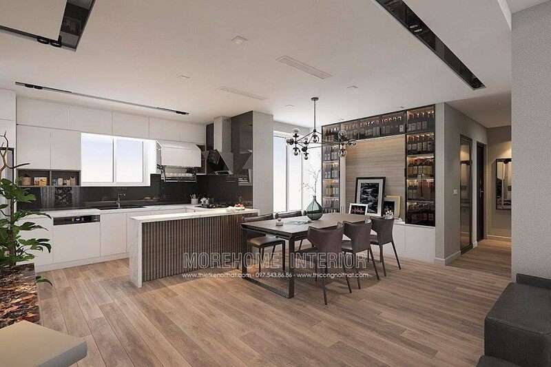 Thiết kế phòng bếp chung cư hiện đại với hệ tủ bếp acrylic thông minh cùng bộ bàn ăn gỗ tự nhiện được nhiều gia chủ yêu thích và hướng đến