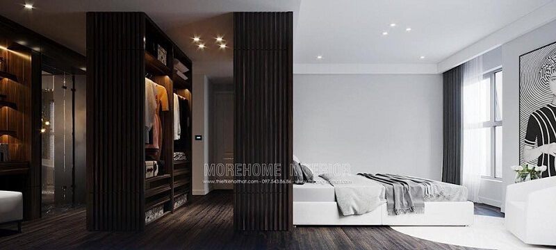 Mẫu thiết kế phòng thay đồ với hệ tủ quần áo cao cấp màu nâu trầm phù hợp với không gian diện tích lớn cho phòng thay đồ biêt thự, nhà cao tầng