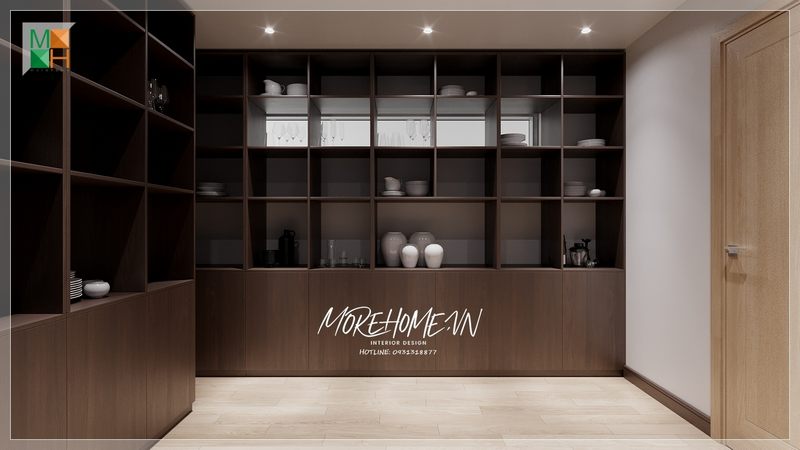 Tủ đồ gỗ óc chó sắp xếp bày trí những món đồ vật yêu thích tô điểm tính thẩm mỹ cho không gian