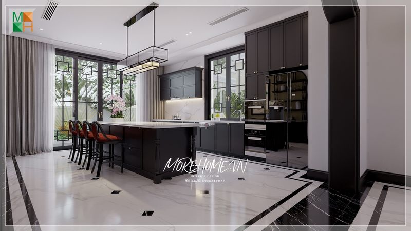 Tủ bếp mang kiểu dáng thiết kế ấn tượng mang đến sự sang trọng và ấn tượng cho không gian sống của gia đình.
