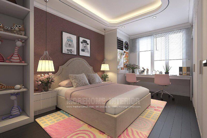 Phòng ngủ bé gái hiện đại được trang bị nội thất có thiết kế thông minh và tiện lợi.
